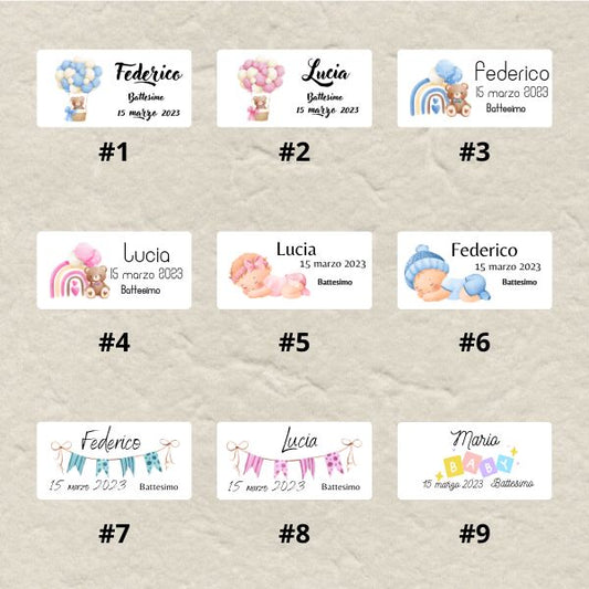 Bigliettini-Tag Battesimo personalizzati per bomboniere in cartoncino avorio – 9 modelli