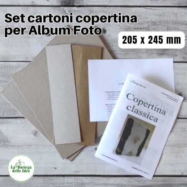 Set cartoni copertina per album 205×245 mm: due piatti in cartone grigio 207×255 mm, dorsino e carta Kraft