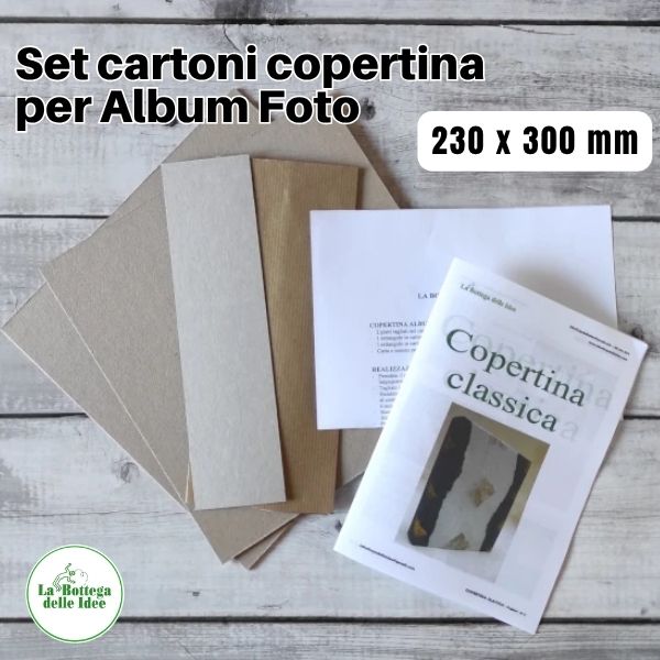 Set cartoni copertina per album 230×300 mm: due piatti in cartone grigio 233×310 mm, dorsino e carta Kraft