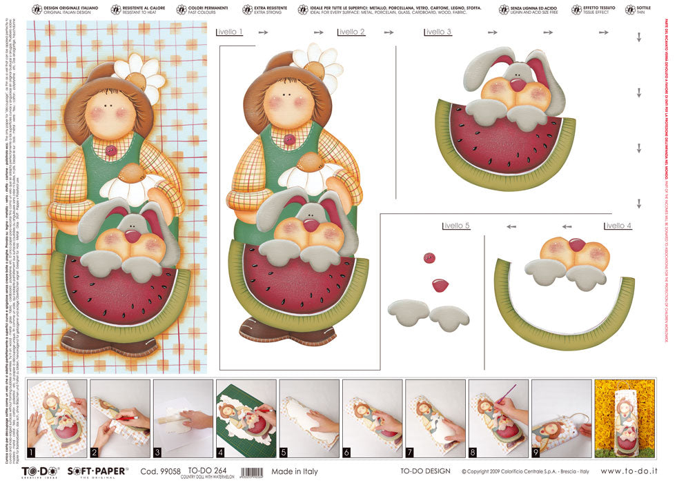 To-Do Découpage Soft Paper per tecnica a bassorilievo - Country Doll with Watermelon
