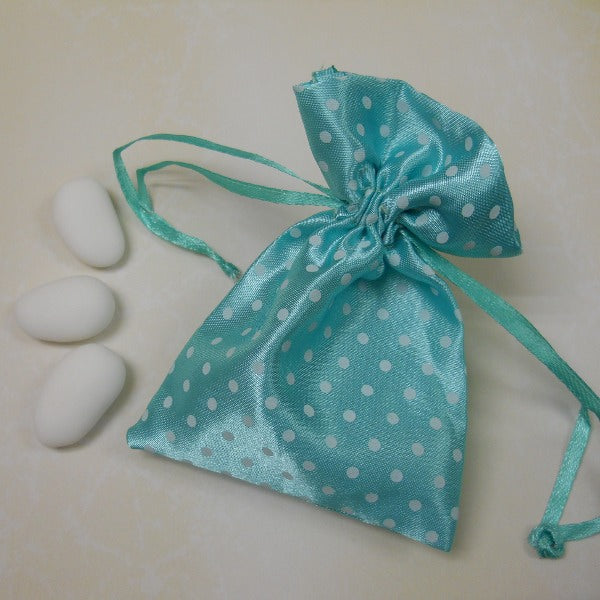 Sacchetto in raso a pois colore Tiffany per confezione bomboniere