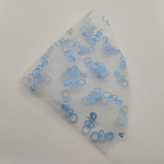 Tulle floccato con motivo "ciucci" per bomboniere battesimo - colore azzurro