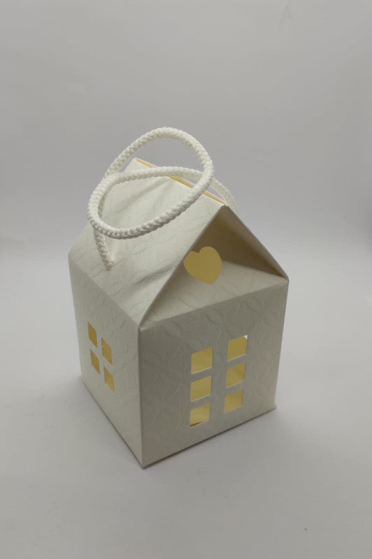 Scatola a casetta in cartoncino effetto trapuntato colore avorio - 80 x 80 x H 120 mm