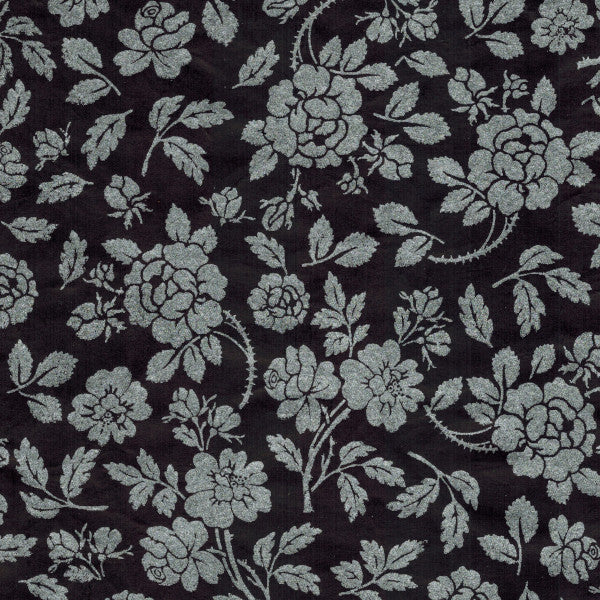 Carta Lokta di produzione artigianale nepalese. Rose stampate in argento su fondo nero