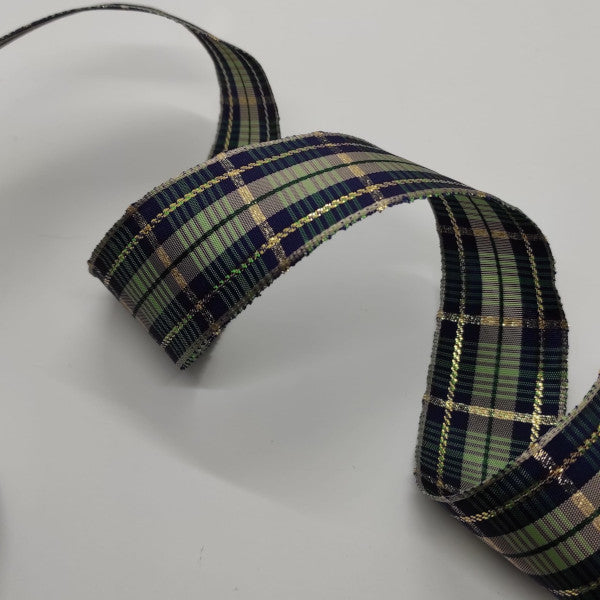 Nastro animato "Kensington" scozzese Verde/Blu/Oro - 40 mm