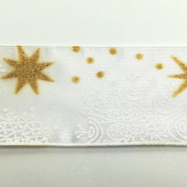 Nastro animato "Fiocchi di neve" Bianco/Oro - 40 mm