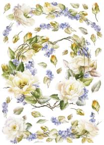Carta Découpage Evasioni - Cod. S1233 - Rose Bianche e Fiori Blu 1