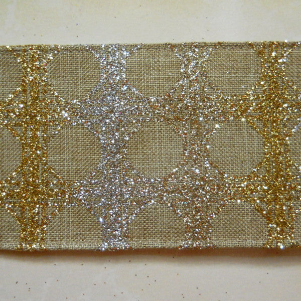 Nastro animato "Lino con fantasia Oro e Argento" - 60 mm