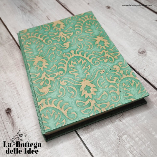 Agenda annuale grande con copertina rivestita in carta Batik "Arabesk" verde acqua