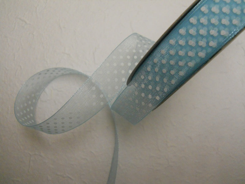 Nastro in Organza "Pois" Bianco su fondo Celeste"