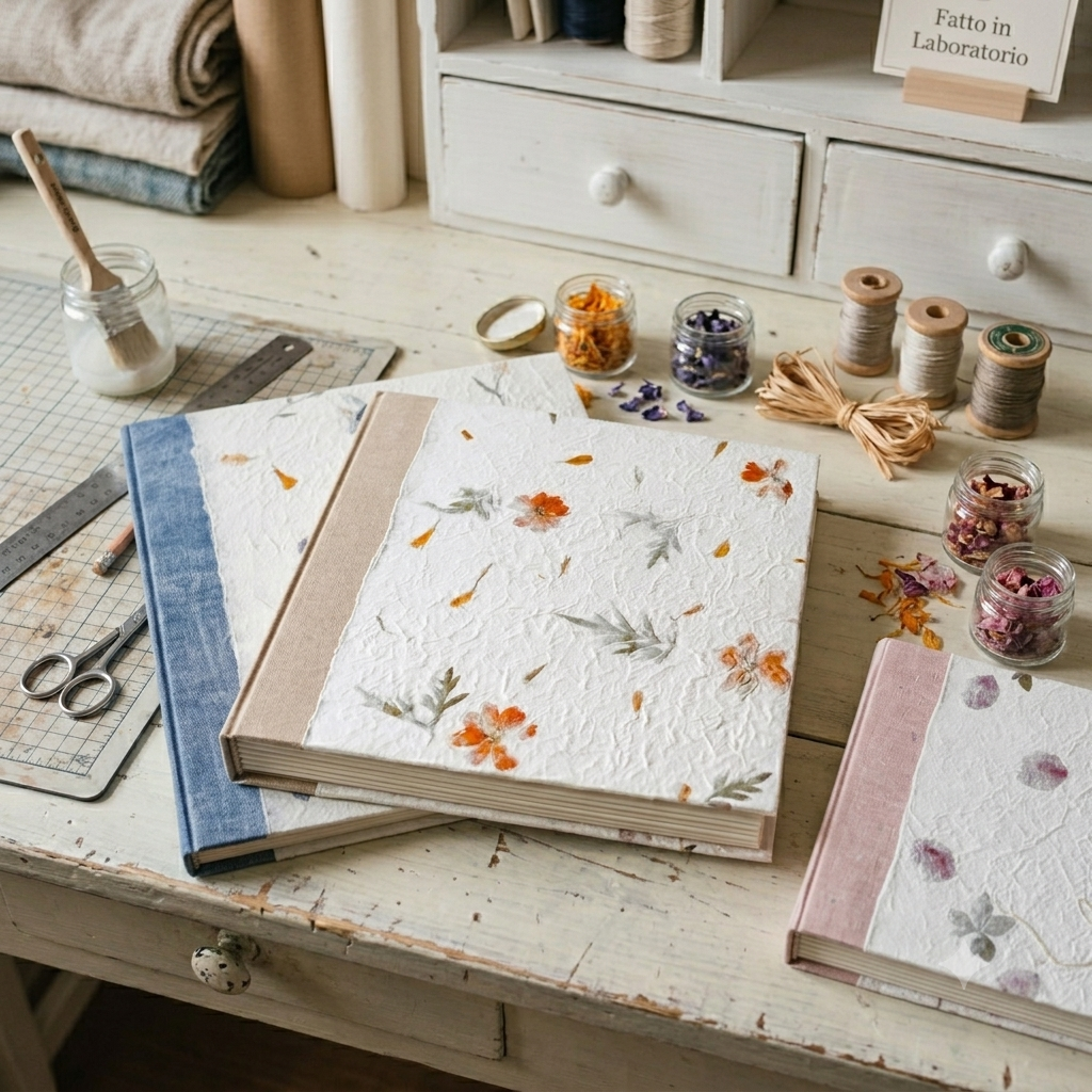 Album fotografici artigianali con copertina a due colori: carta di Gelso con Inserti Floreali abbinata a una carta tinta unita coordinata