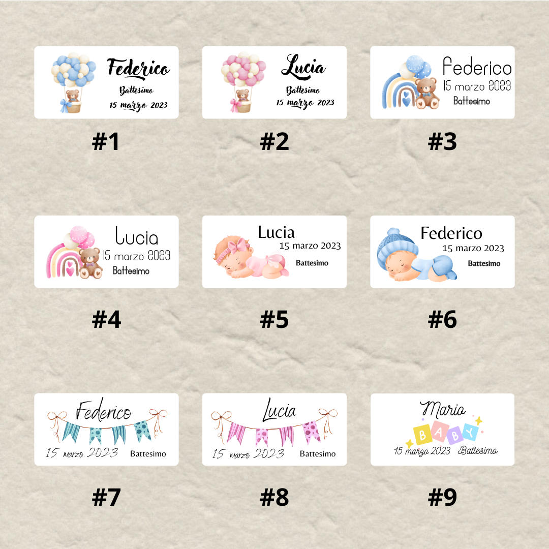 Bigliettini-Tag Battesimo personalizzati per bomboniere in cartoncino avorio – 9 modelli