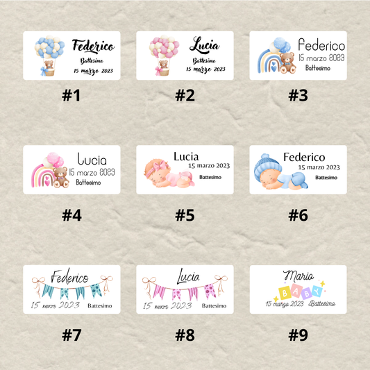 Bigliettini-Tag Battesimo personalizzati per bomboniere in cartoncino avorio – 9 modelli