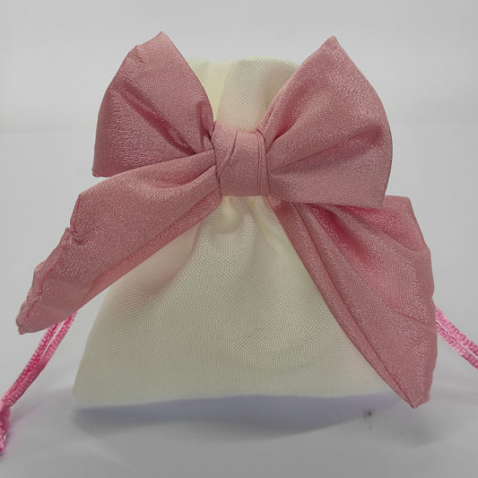 Sacchetto (10 cm x H 12 cm) rettangolare avorio con fiocco in tessuto tipo seta colore rosa