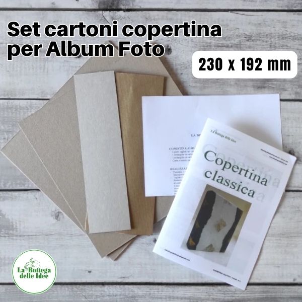 Set cartoni copertina per album 230×192 mm: due piatti in cartone grigio 232×202 mm, dorsino e carta Kraft