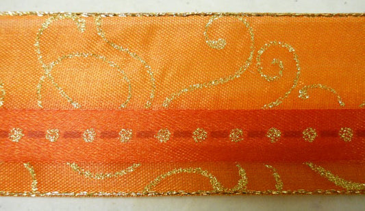Nastro Organza Animato "Onde" Arancio/Oro - 40  mm