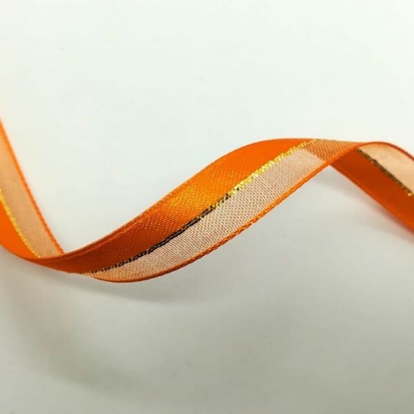 Nastro in Organza e raso arancio con riga oro H 10 mm