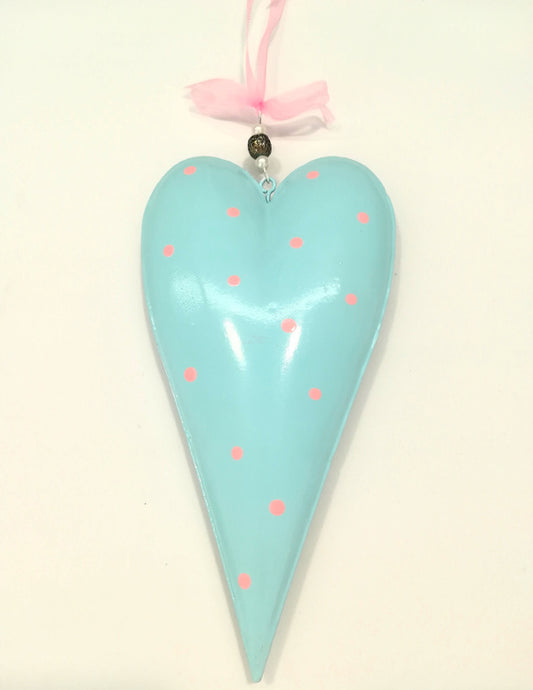 Cuore in metallo smaltato azzurro a pois rosa - La Bottega delle Idee - Rimini