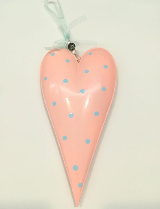 Cuore in metallo smaltato rosa a pois azzurri - La Bottega delle Idee - Rimini