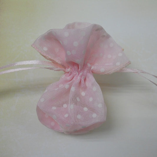 Sacchetto mini in organza a pois con fondo a soffietto per confezione bomboniere rosa