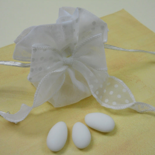 Sacchetto in organza con base a soffietto e fiocco per confezione bomboniere - bianco