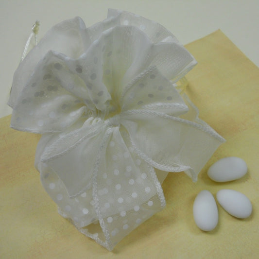 Sacchetto grande in organza pois con base a soffietto e fiocco per confezione bomboniere