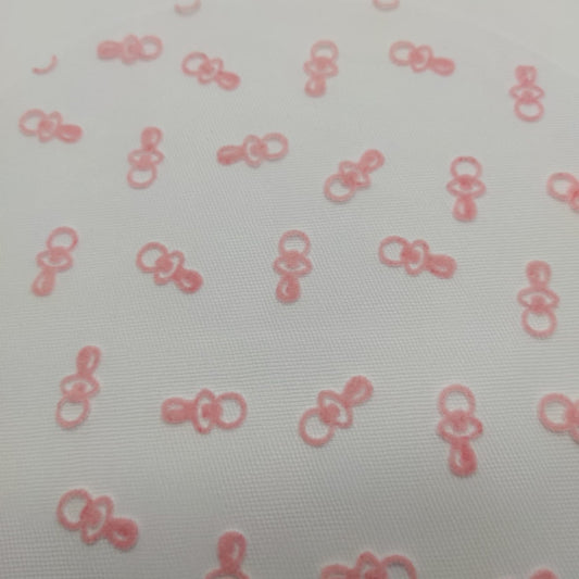 Tulle floccato con motivo "ciucci" per bomboniere battesimo - colore rosa