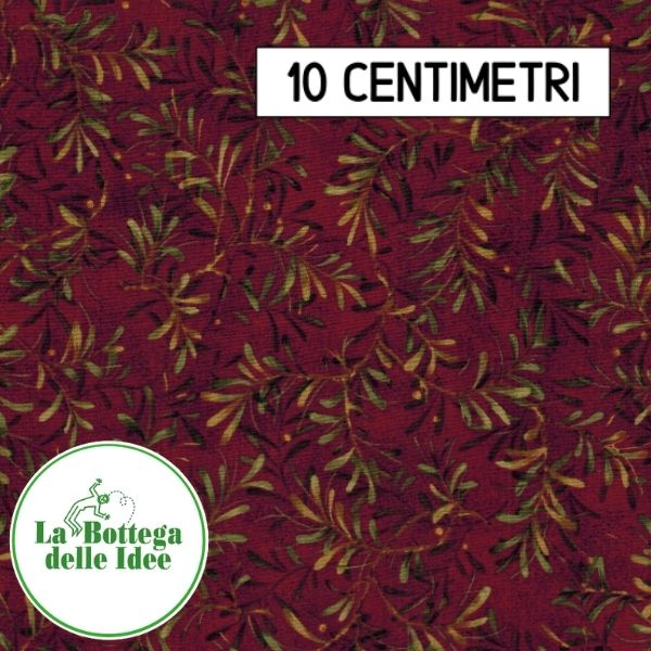 Tessuto americano 100% cotone - Vischio su fondo rosso scuro - calde tonalità Country