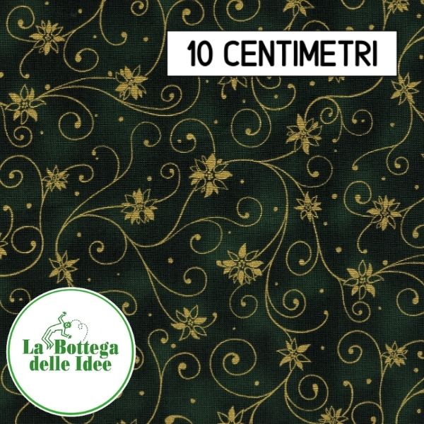 Tessuto americano 100% cotone - Stelle di Natale e Ramage Oro su fondo Verde