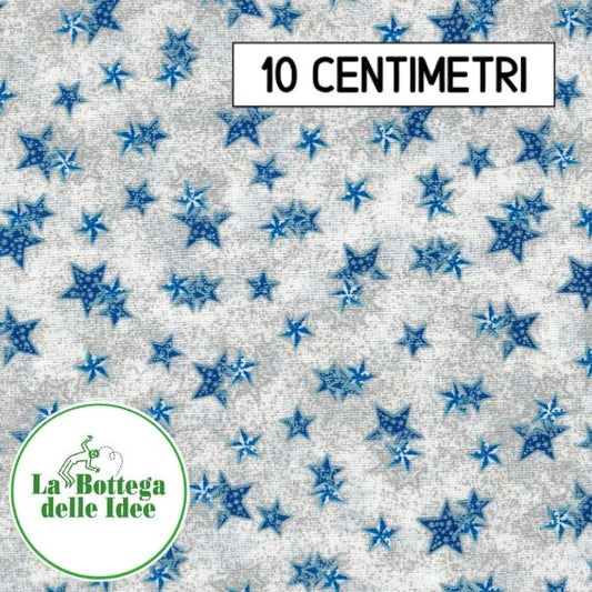 Tessuto americano 100% cotone - Fantasia Natale "Stelle e Stelline blu su fondo bianco e argento""