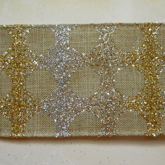 Nastro animato "Lino con fantasia Oro e Argento" - 60 mm