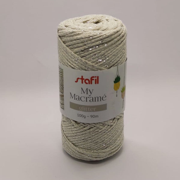 My Macramé Glitter - Filato per macramé colore crema con filo argento